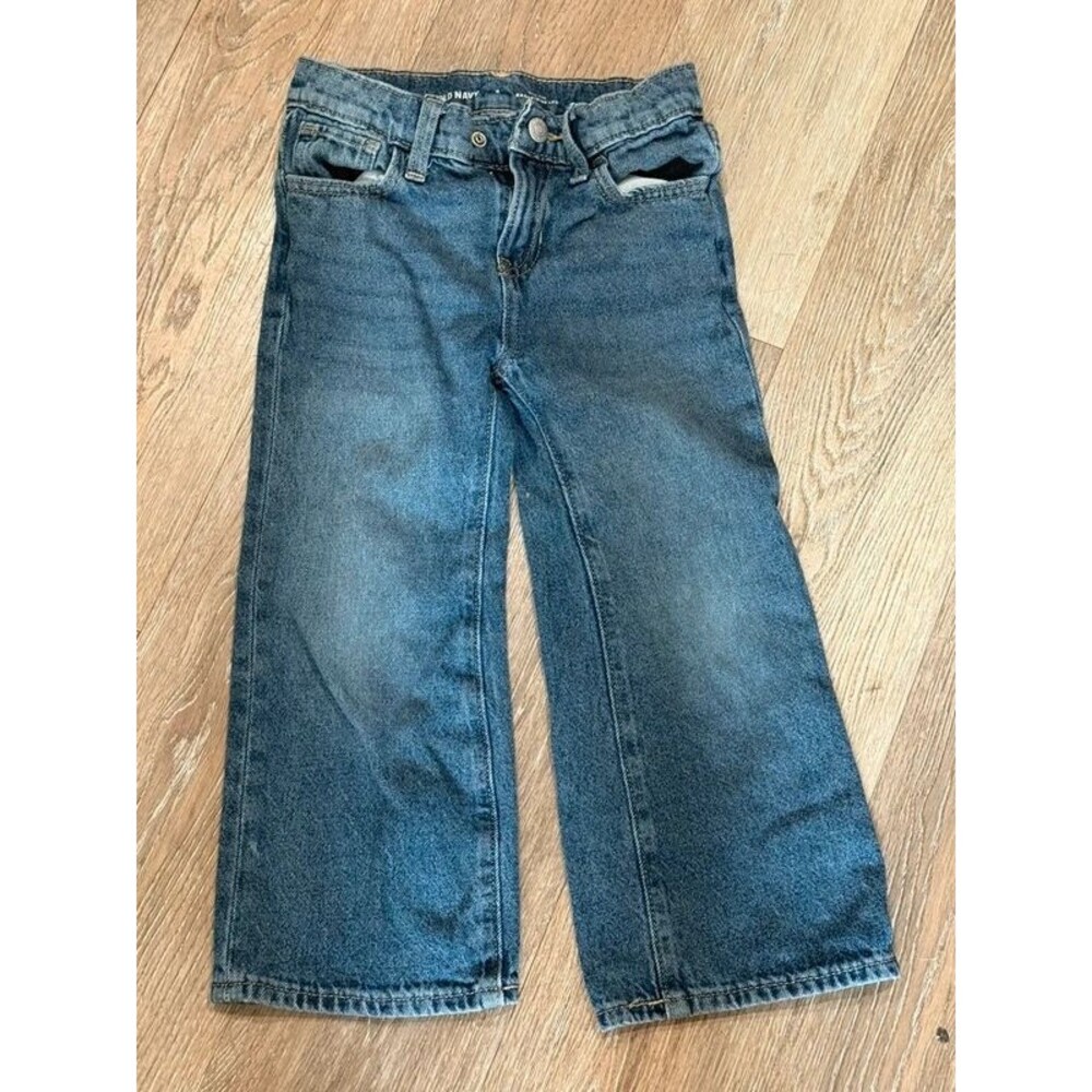 Old Navy Girls Medium Wash Straight Wide Leg Denim Jeans Snap Fly Pants Size 6